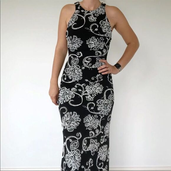 Alexia Admor NY Black Floral Open Back Gown Maxi Dress A Line Fit Size XS Party - Picture 5 of 11